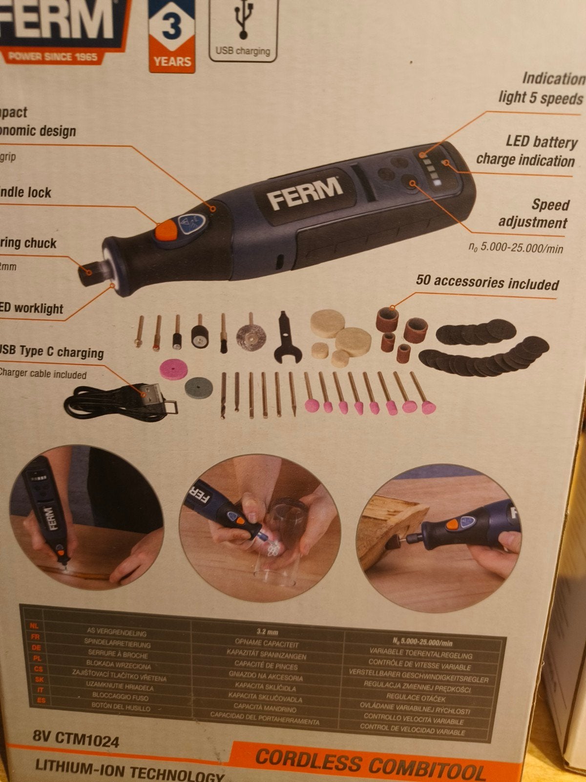 FERM CTM1024 Accu-Combitool 8V met 50 accessoires, Ophalen of Verzenden, Zo goed als nieuw