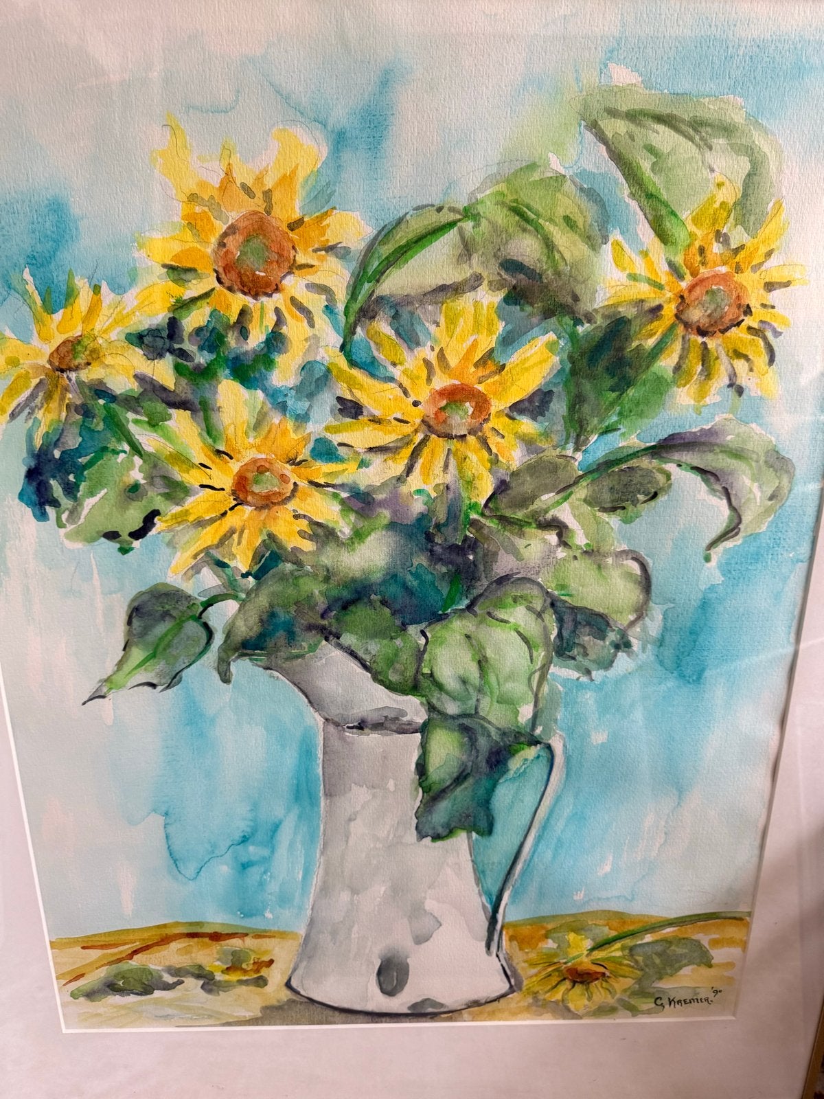 Aquarel Zonnebloemen van C. Kremer (1990), Antiek en Kunst, Kunst | Schilderijen | Klassiek, Ophalen, Gedateerd, Realistisch, Stilleven