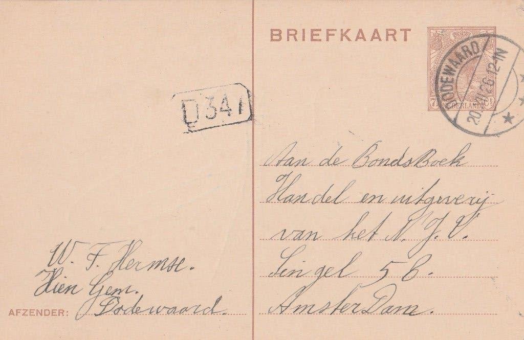 DODEWAARD 1926 afz WF. HERMSE Christelijke J.V. Psalm 119-9, Verzenden, 1920 tot 1940, Gelopen, Gelderland