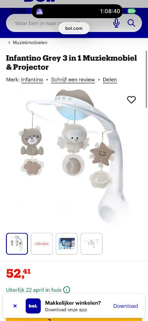 Infantino Grey 3 in 1 Muziekmobiel & Projector, Kinderen en Baby's, Verzenden, Zo goed als nieuw, Mobiel, Met licht