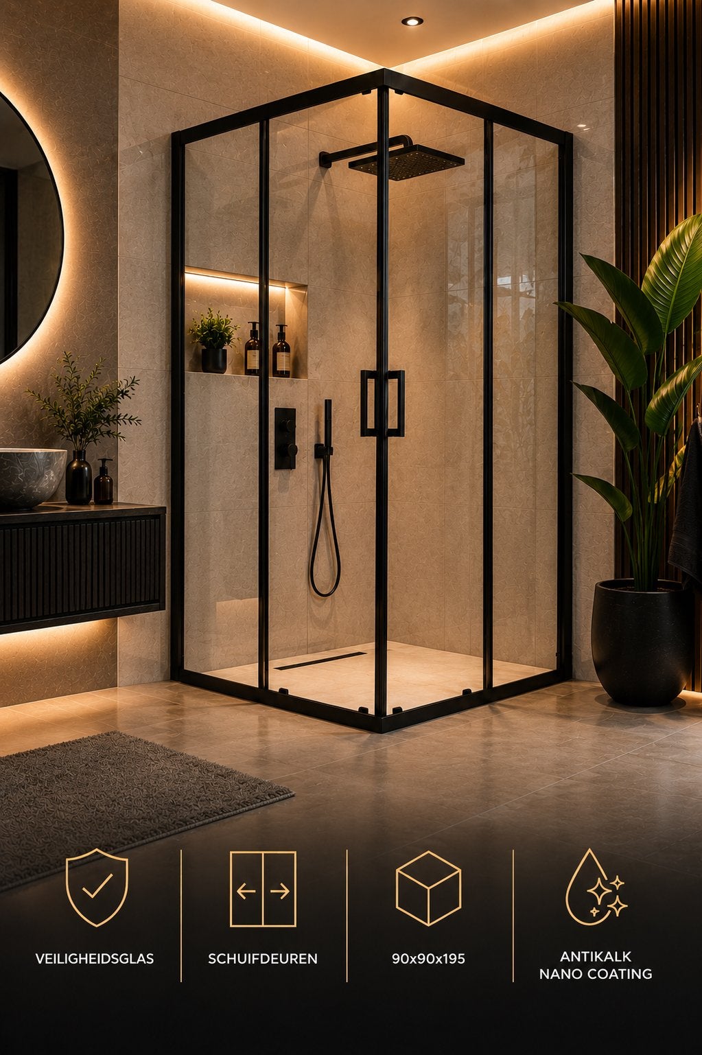 Douchecabine zwart 90x90 cm - Antikalk Nano Coating - Nieuw, Ophalen of Verzenden, Nieuw, Douche