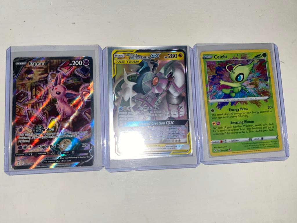 Pokémon Espeon V, Arceus Dialga & Palkia GX en Celebi, Ophalen of Verzenden, Nieuw, Meerdere kaarten