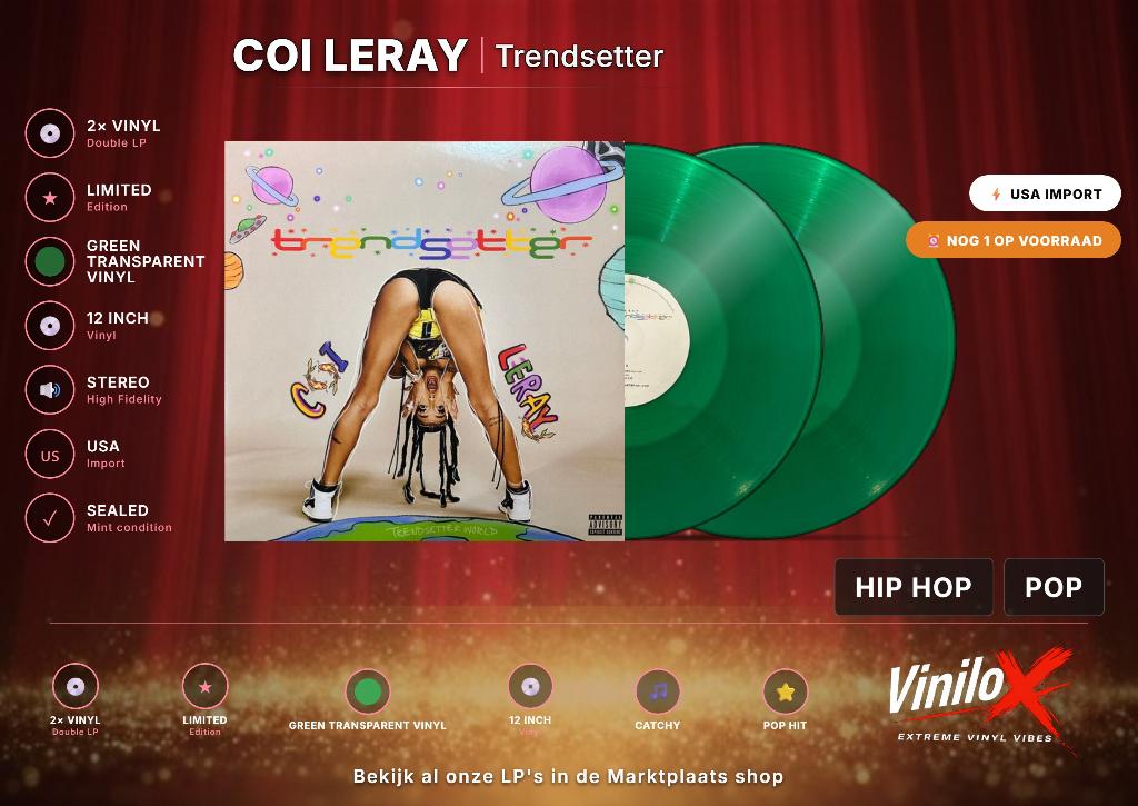 Coi Leray – Trendsetter | 2LP | Green Transparent, Cd's en Dvd's, Vinyl | Hiphop en Rap, Nieuw in verpakking, Beschermende buitenhoes