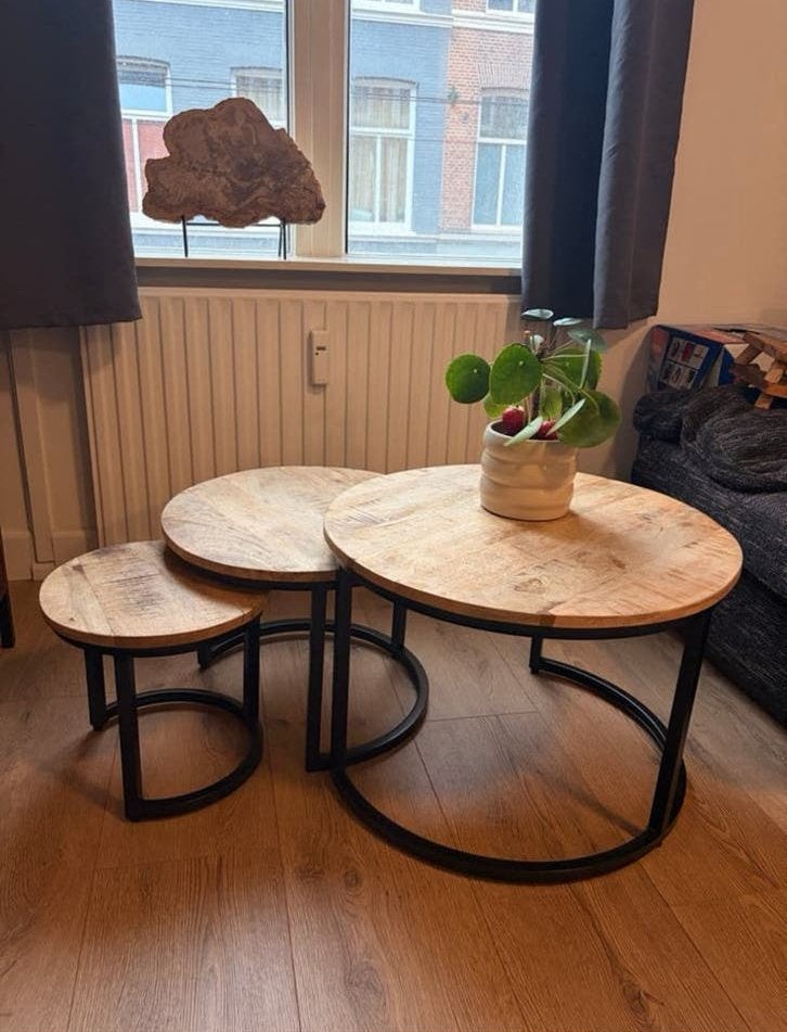 Bijzettafel salontafel set 3 mangohout zwart industrieel, Ophalen, Rond, 50 tot 100 cm, Zo goed als nieuw