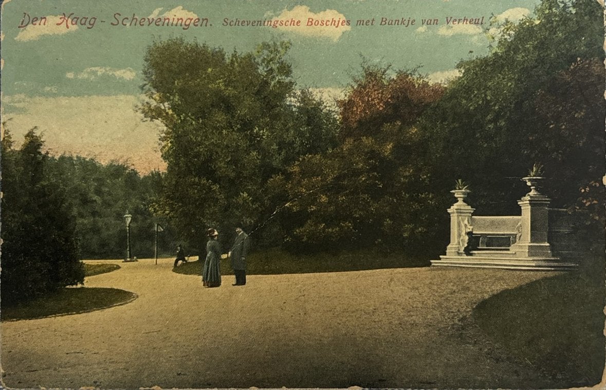 Den Haag Scheveningen, Boschjes met bankje van Verheul, Verzamelen, Ansichtkaarten | Nederland, Ophalen of Verzenden, Voor 1920