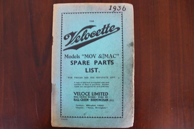 Velocette MOV MAC 1936 motorcycle spare parts list, Ophalen of Verzenden, Overige merken