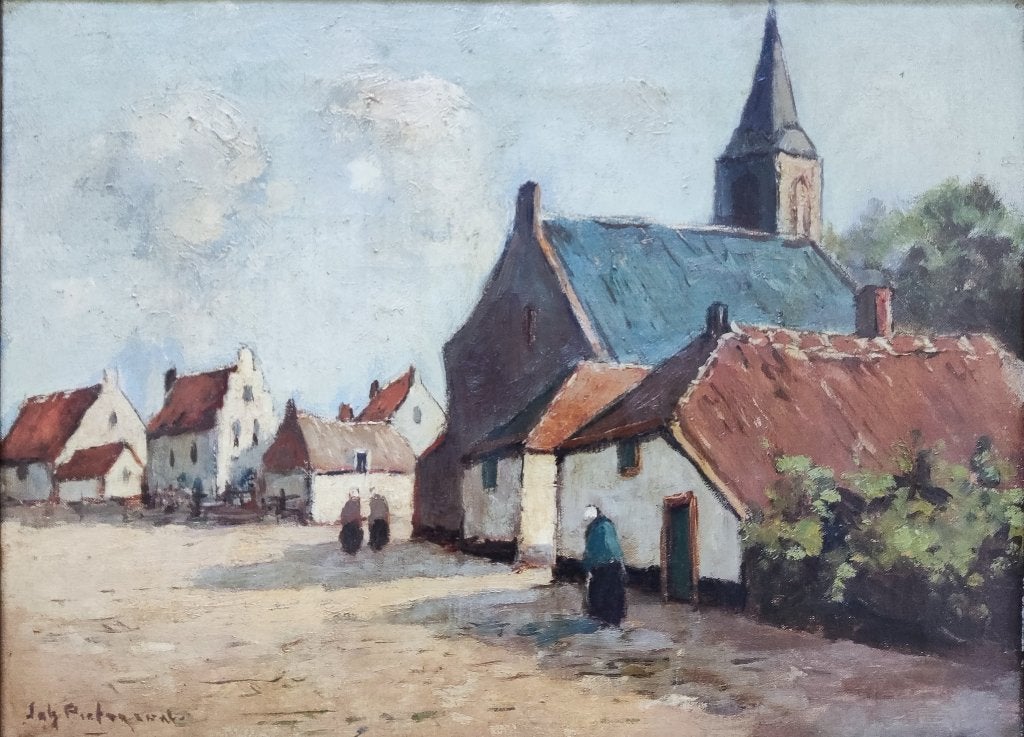J.A. Pietersen (1893-1970) - Zonnig straatje te Brugge, Doek, Ophalen of Verzenden, Gesigneerd, Olieverf