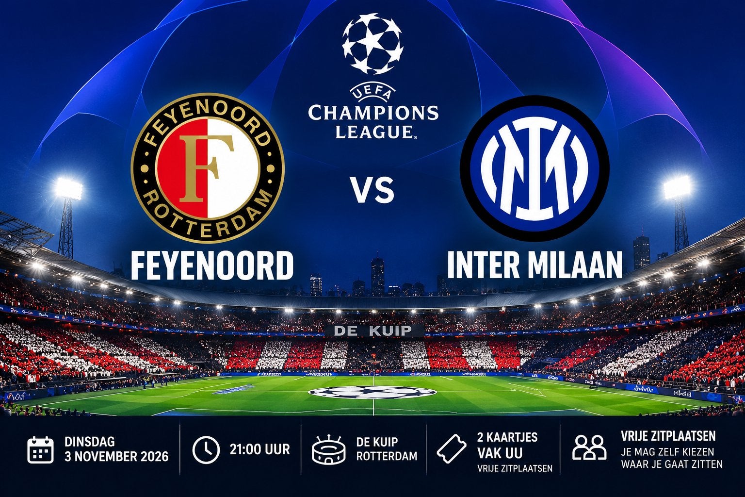 2 Tickets Feyenoord – Inter | Champions League | Vak UU, Drie personen of meer, September