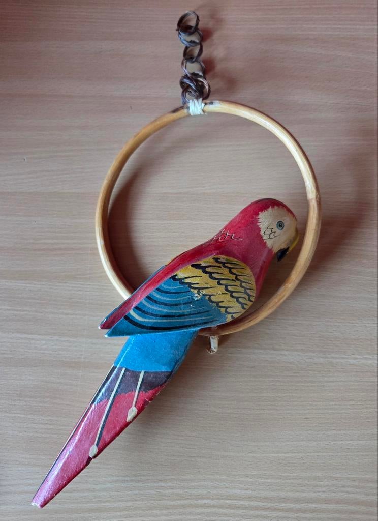 Vintage houten Ara papagaai op bamboe ring, Ophalen of Verzenden