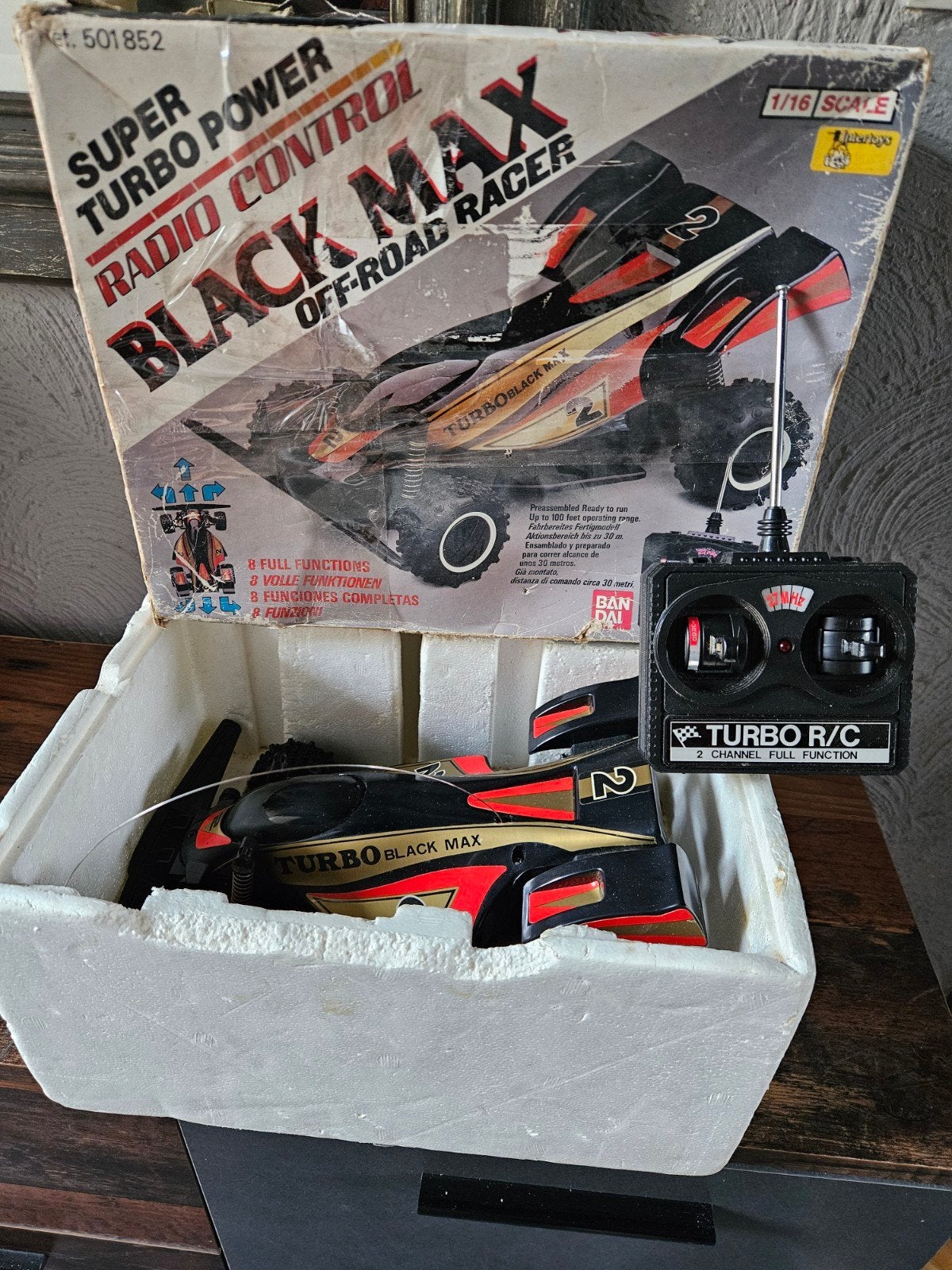 Vintage Bandai Black Max RC Auto - Schaal 1:16 OffRoad Race, Elektro, Gebruikt, Auto offroad, Ophalen of Verzenden