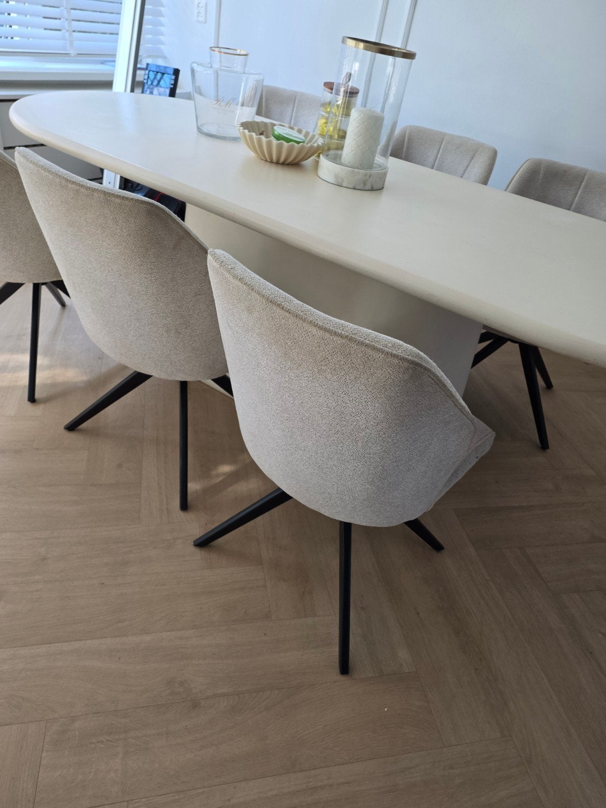 Set van 6 moderne eetkamerstoelen teddystof, Gebruikt, Overige kleuren, Ophalen of Verzenden, Metaal
