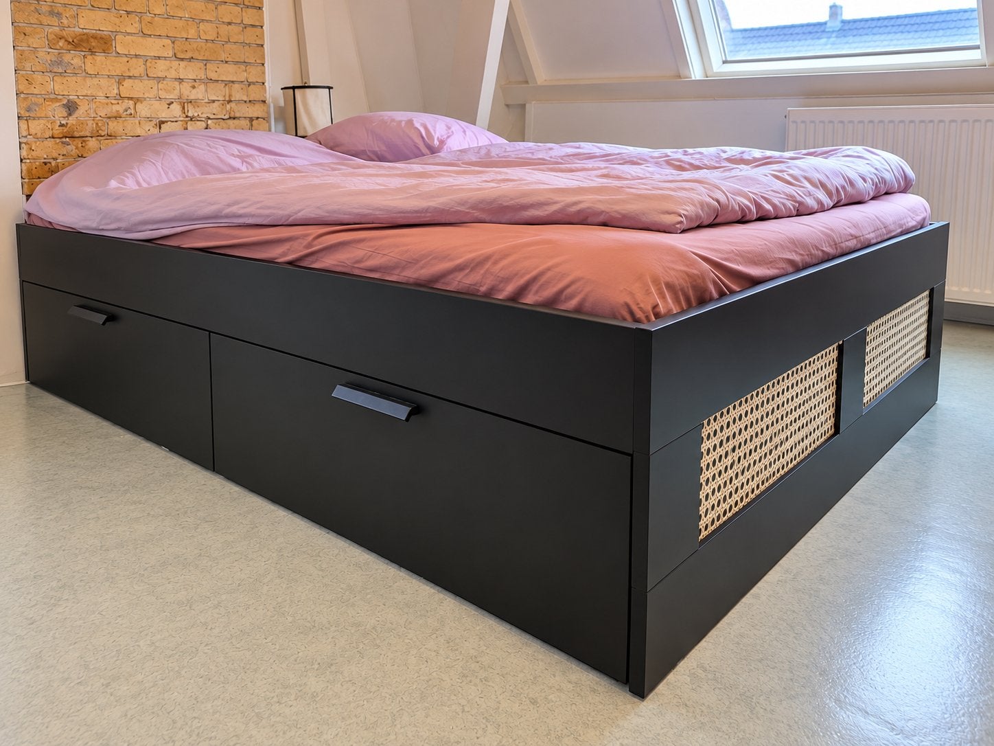 Ikea Brimnes bed 160x200 met opbergruimte, Gebruikt, Zwart, Tweepersoons, Ophalen of Verzenden