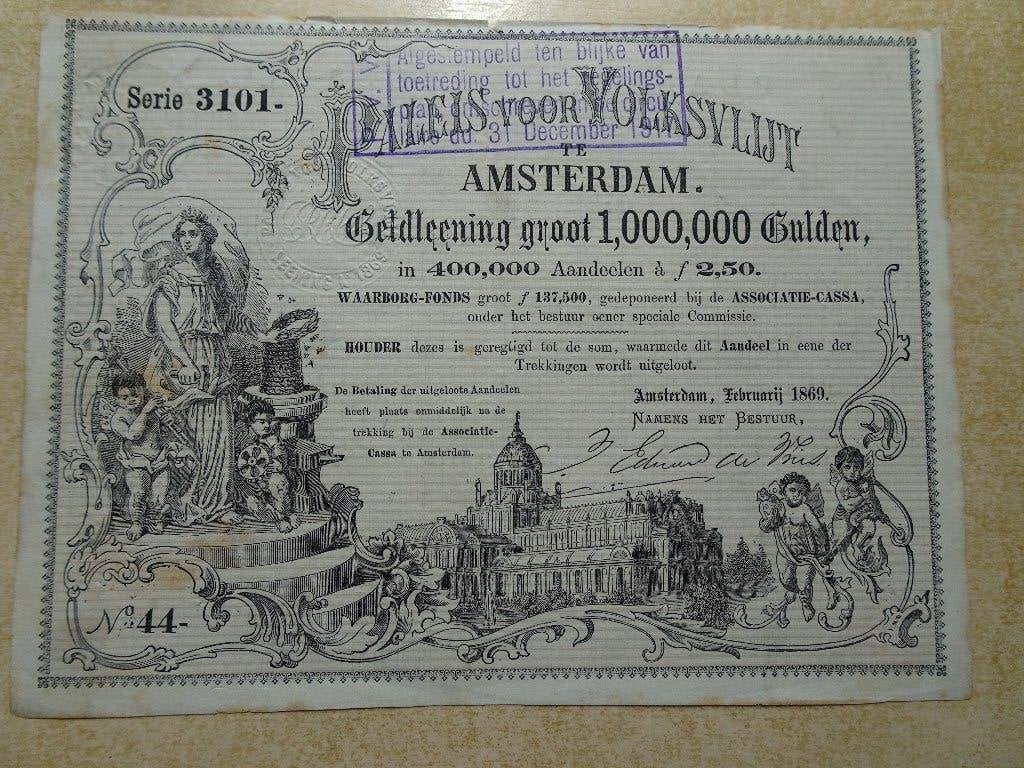 Aandeel 2.50 gulden Paleis voor Volksvlijt. Amsterdam 1869, Postzegels en Munten, Aandelen en Waardepapieren, Ophalen of Verzenden