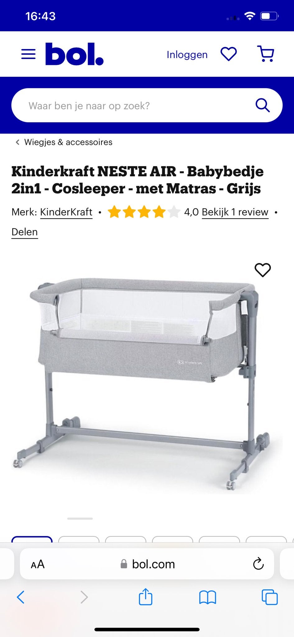 Kinderkraft NESTE AIR 2in1 Co-sleeper Babybedje Grijs, Ophalen of Verzenden, Zo goed als nieuw, Wieg