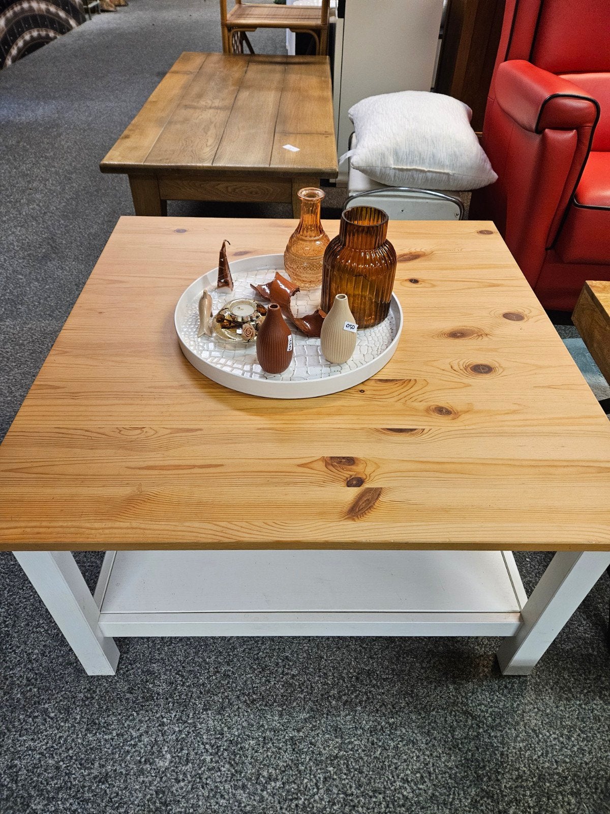 Salontafel van grenenhout met wit onderstel, Huis en Inrichting, Ophalen, 50 – 75, Gebruikt, 50 tot 100 cm