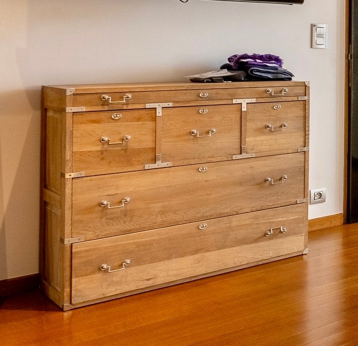 Massief eiken commode met 6 lades, Ophalen, 100 tot 150 cm, Eikenhout, Zo goed als nieuw