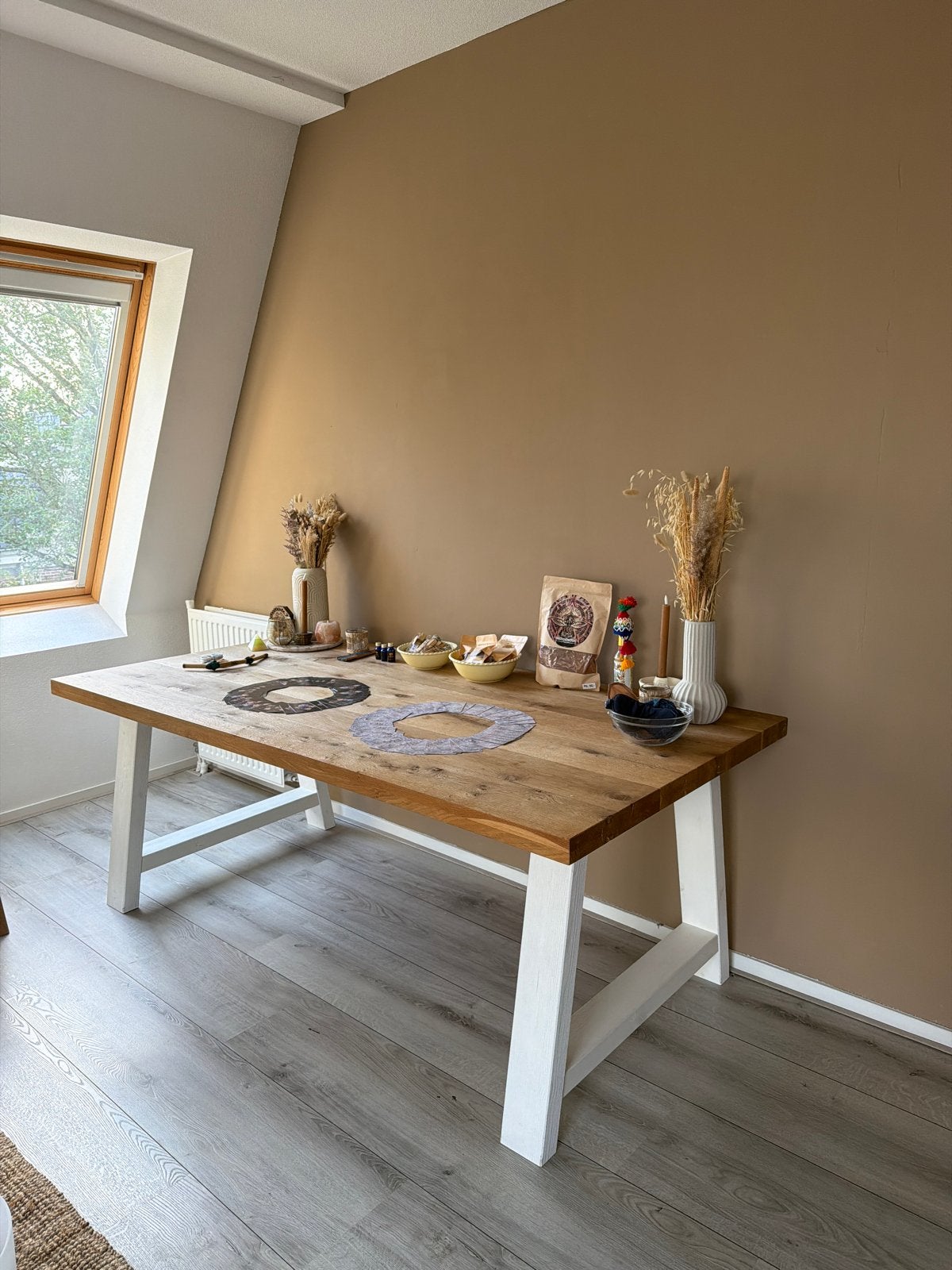 Landelijke eettafel 200x100 cm wit A-frame onderstel, Ophalen, Gebruikt, Eikenhout, 50 tot 100 cm