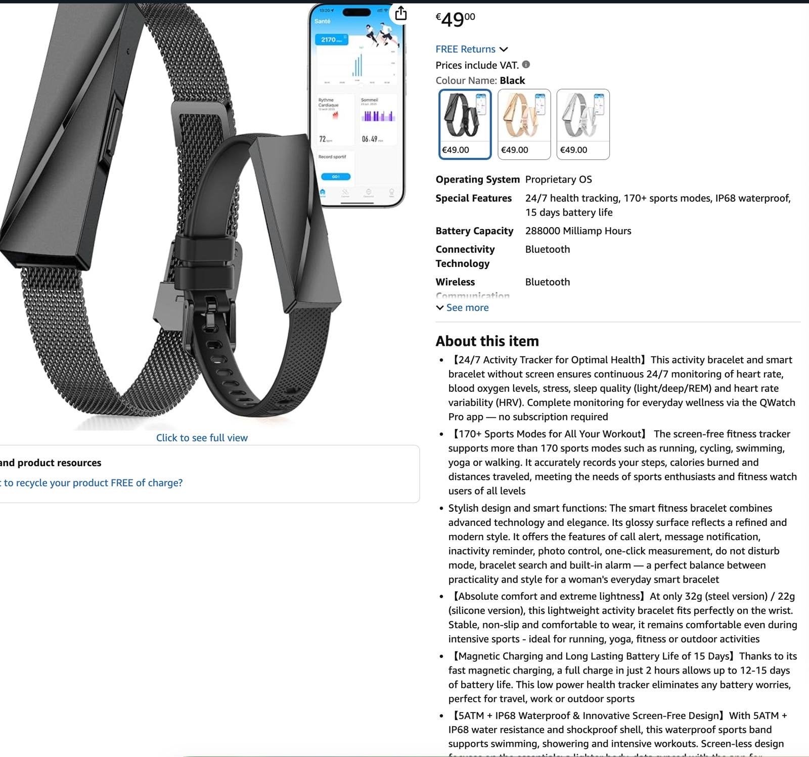 Smart Fitness Tracker Zwart - Hartslag, Slaap, Stappen, Ophalen, Zwart, Nieuw, Waterdicht