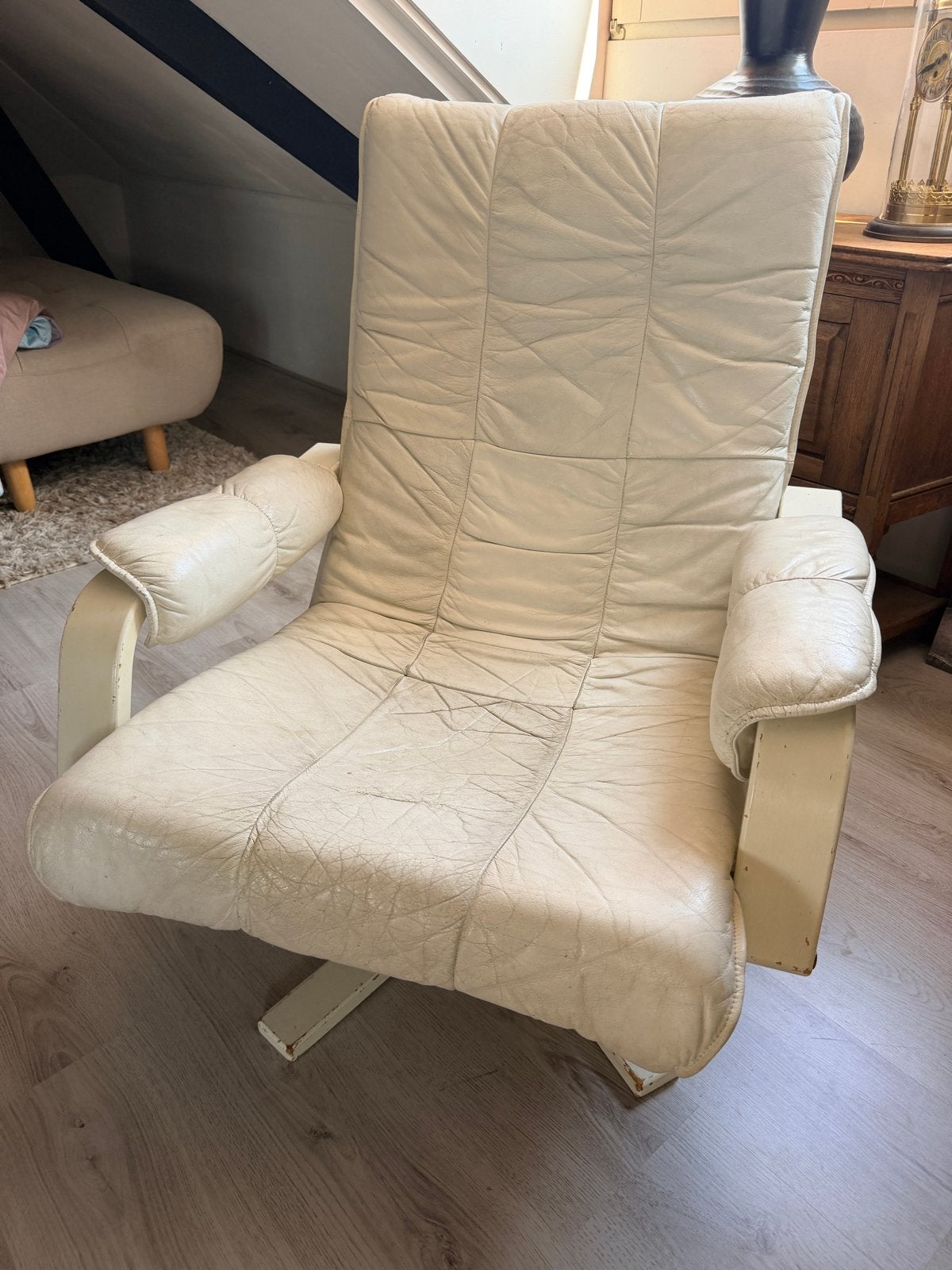 Leren fauteuil - Wit - Gebruikt, Huis en Inrichting, Gebruikt, Wit, Leer, Ophalen of Verzenden