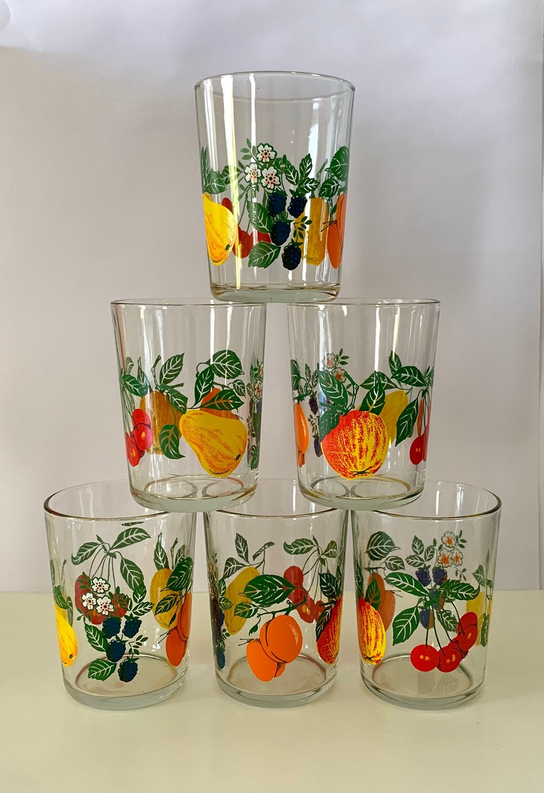 Set van zes retro sapglazen, 6x vintage fruit glas, Verzenden, Zo goed als nieuw, Frisdrankglas