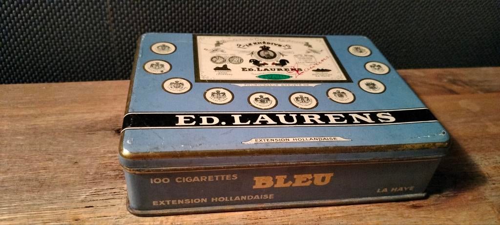 Vintage Ed Laurens Sigarendoos - Blauw Metaal, Antiek en Kunst, Ophalen of Verzenden