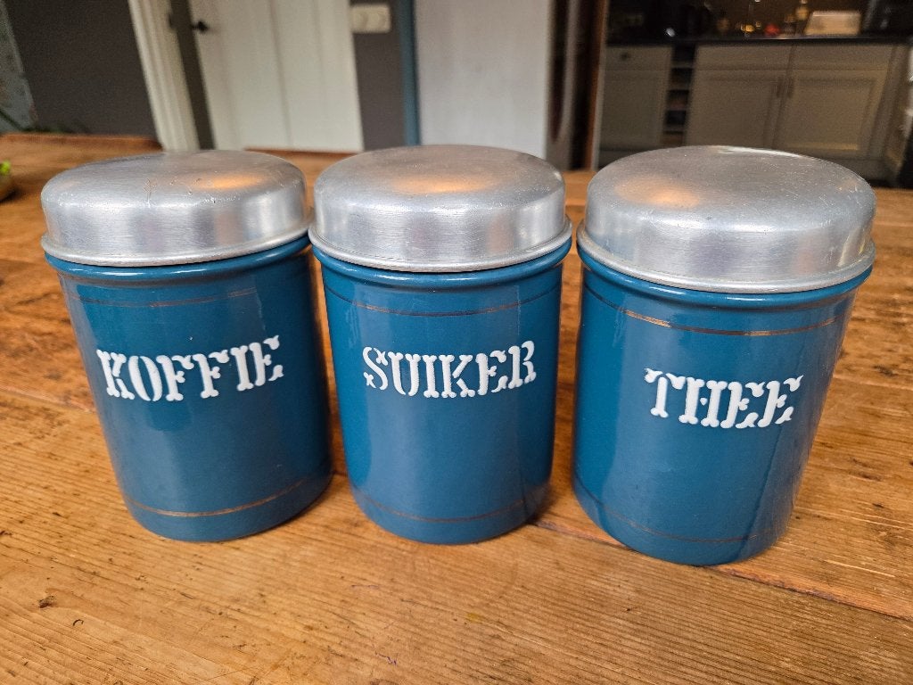 Voorraadbussen emaille petrol, Ophalen of Verzenden, Gebruikt, Emaille, Pot, Bus of Blik