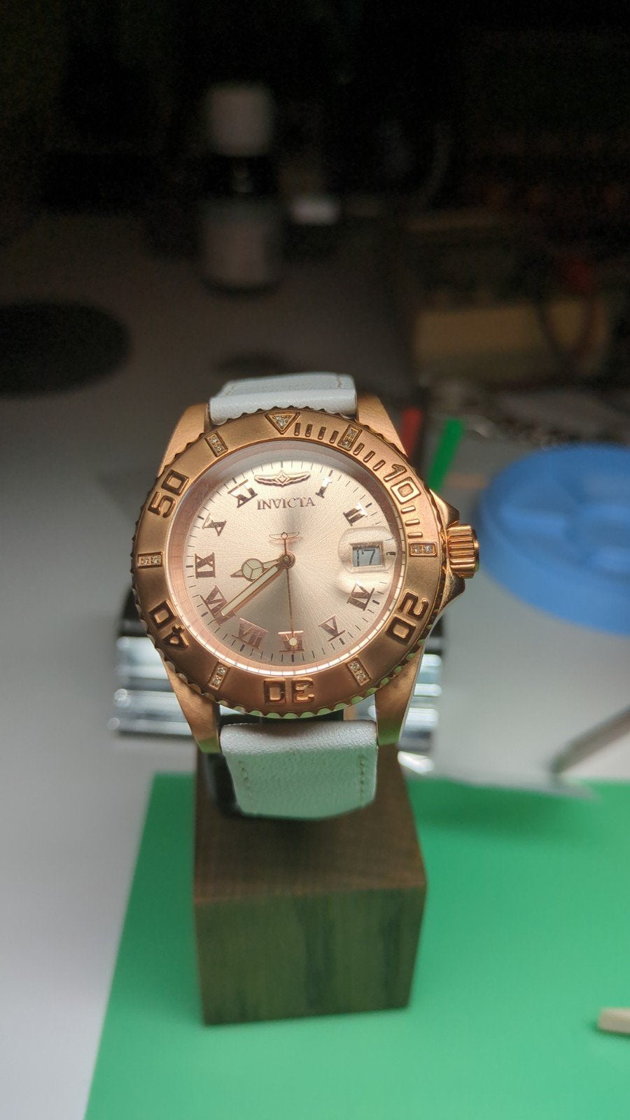 Dameshorloge Roségoud met Wit Bandje en Diamanten, Overige merken, Overige materialen, Leer, Polshorloge