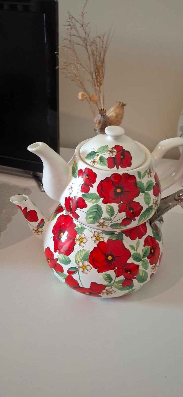 Theepot/Fluitketel met Bloemenpatroon, Theepot/fluitketel, Gebruikt, Ophalen of Verzenden, Steen/keramiek