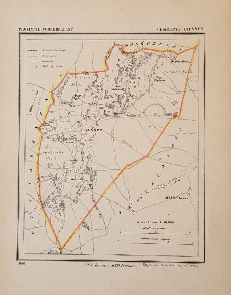 Lithografie, kaartje van Diessen, 1866, Boeken, Ophalen of Verzenden, 1800 tot 2000, Nederland, Landkaart