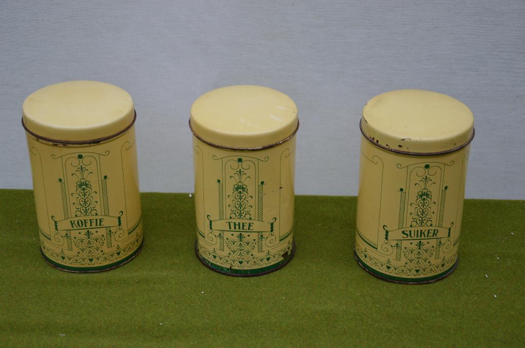 3 antieke blikken koffie thee en suiker bussen, kleur geel, Antiek en Kunst, Ophalen of Verzenden