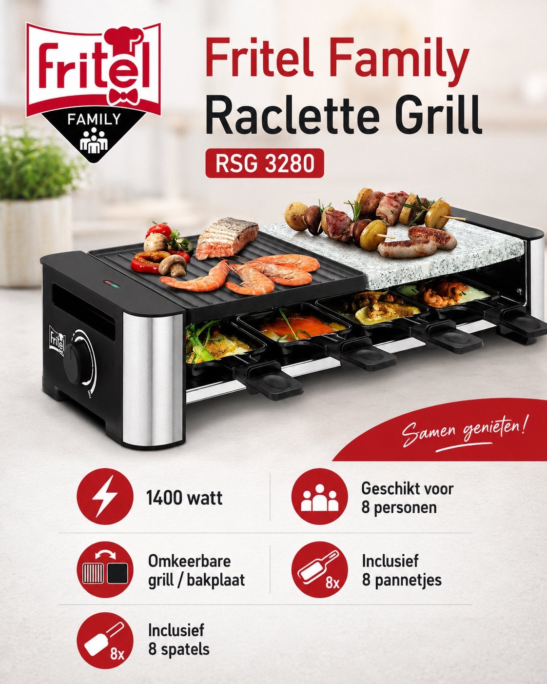 Fritel Family Raclette Grill RSG 3280 – 8 personen – nieuw, Witgoed en Apparatuur, Ophalen, Nieuw, 8 personen of meer
