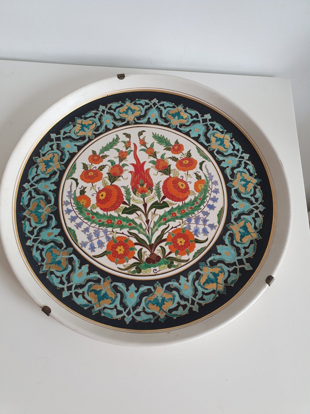 Antiek prachtig handgedecoreerd porcelein wandbord ( 37 cm), Ophalen of Verzenden