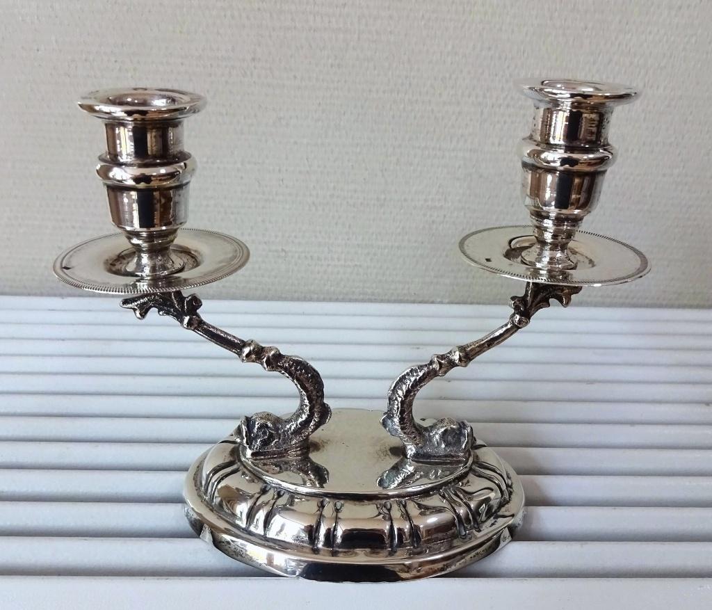 Zilver 900 dubbele kandelaar: vis motief. 207g, Ophalen of Verzenden, Zilver