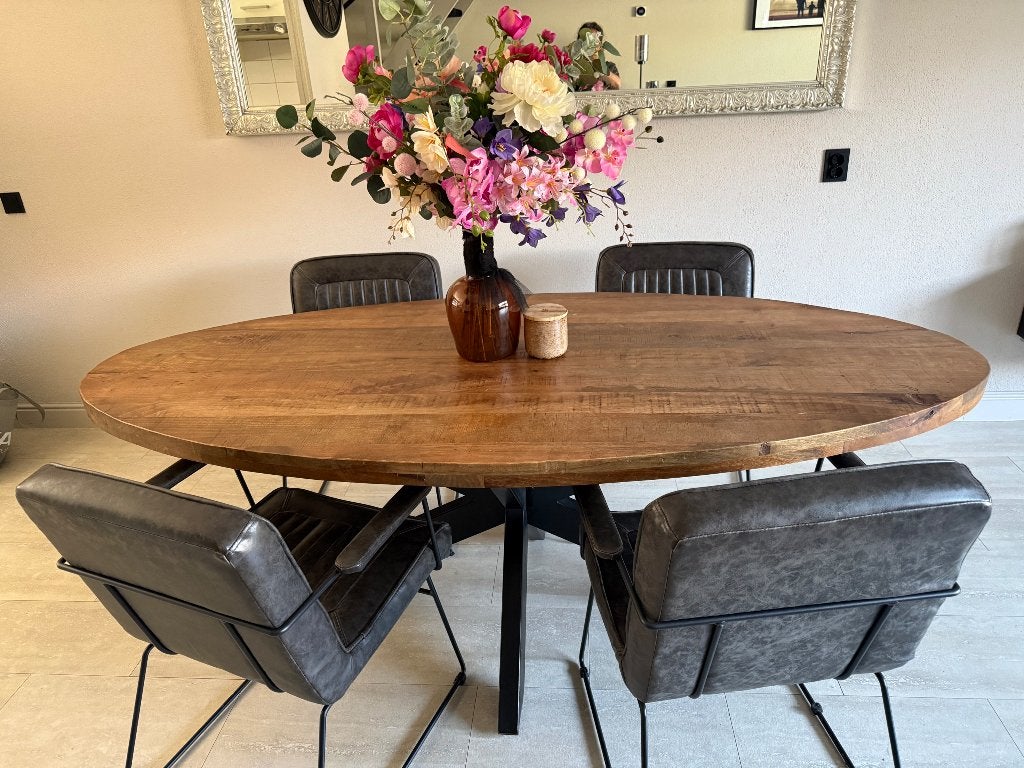 Ovale mangotafel 210 cm breed, Huis en Inrichting, Tafels | Eettafels, Ophalen, Gebruikt, 200 cm of meer, Vijf personen of meer