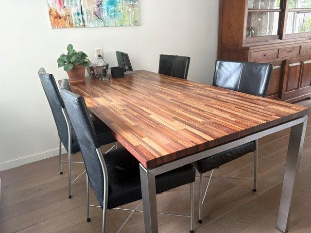 BERT PLATANGIE eethoek met 4 lederen stoelen, Huis en Inrichting, Ophalen, Modern design, Gebruikt, 50 tot 100 cm