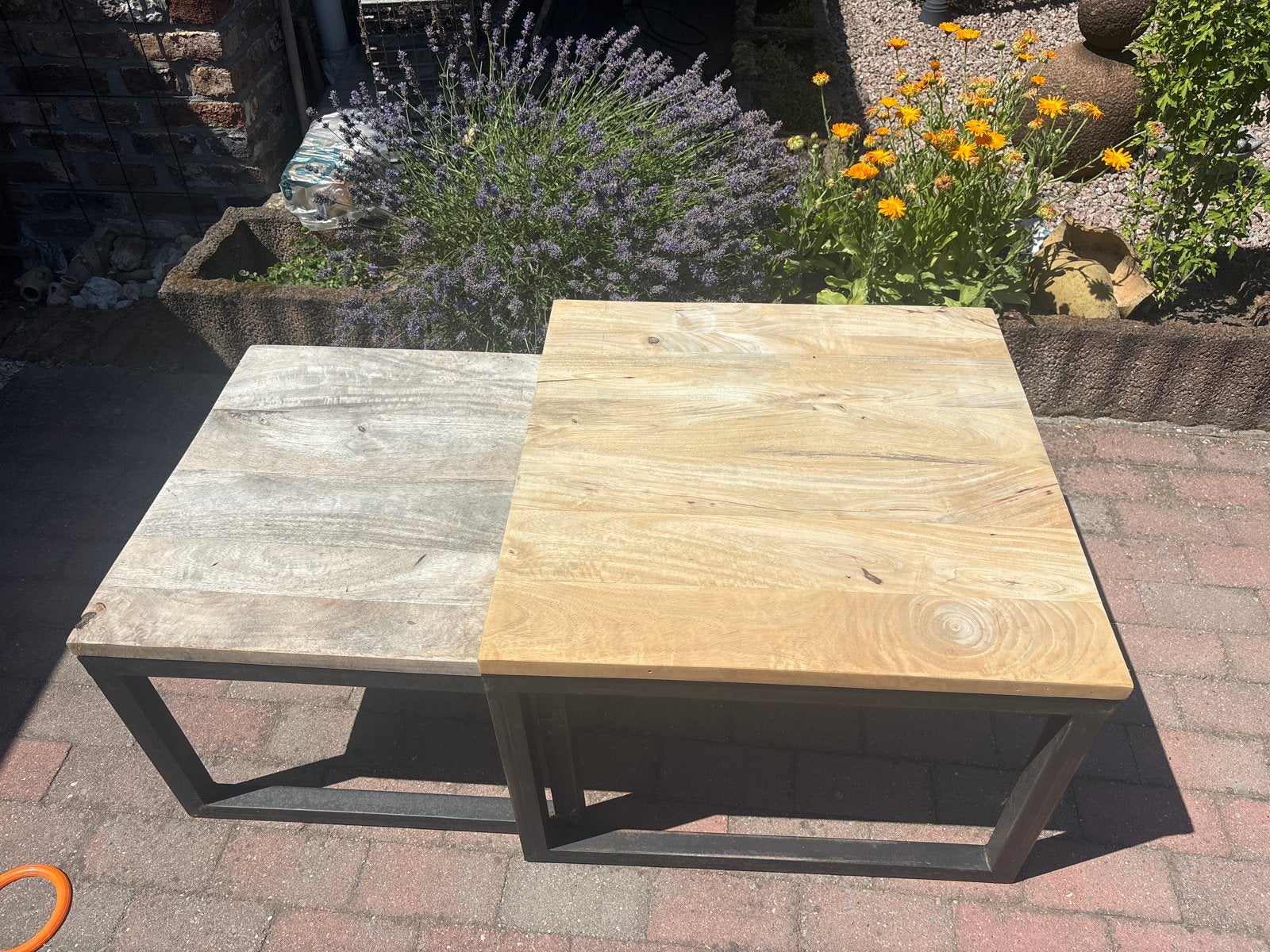 Salontafel set 70x70x50 & 60x60x44 - Hout en Metaal, Ophalen, Gebruikt, Vierkant, 50 tot 100 cm