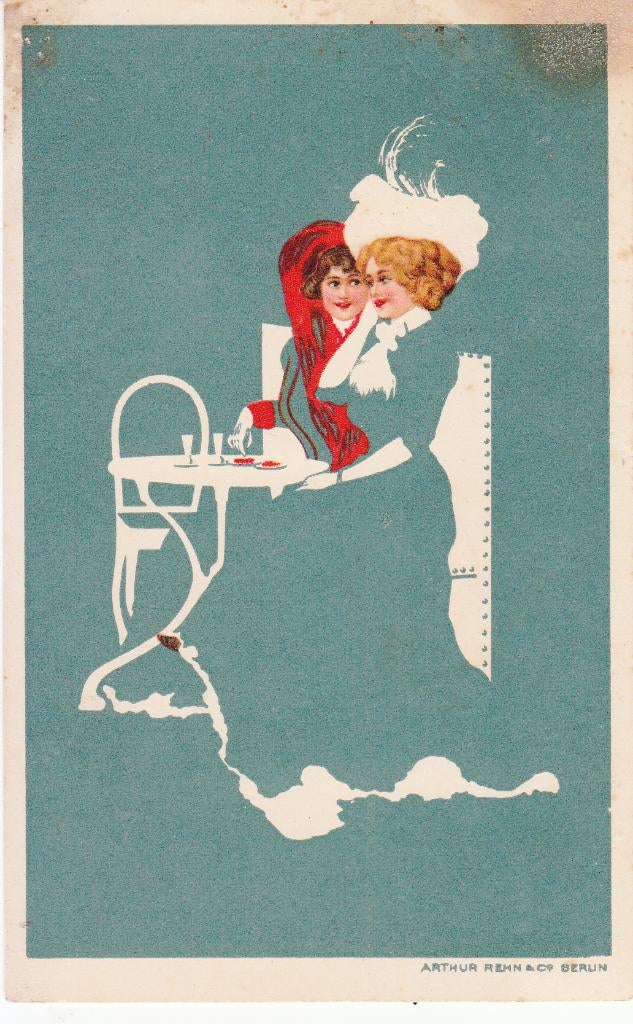 Fade away kaart. Dames aan de taart met champagne., Ophalen of Verzenden, Voor 1920, Overige thema's