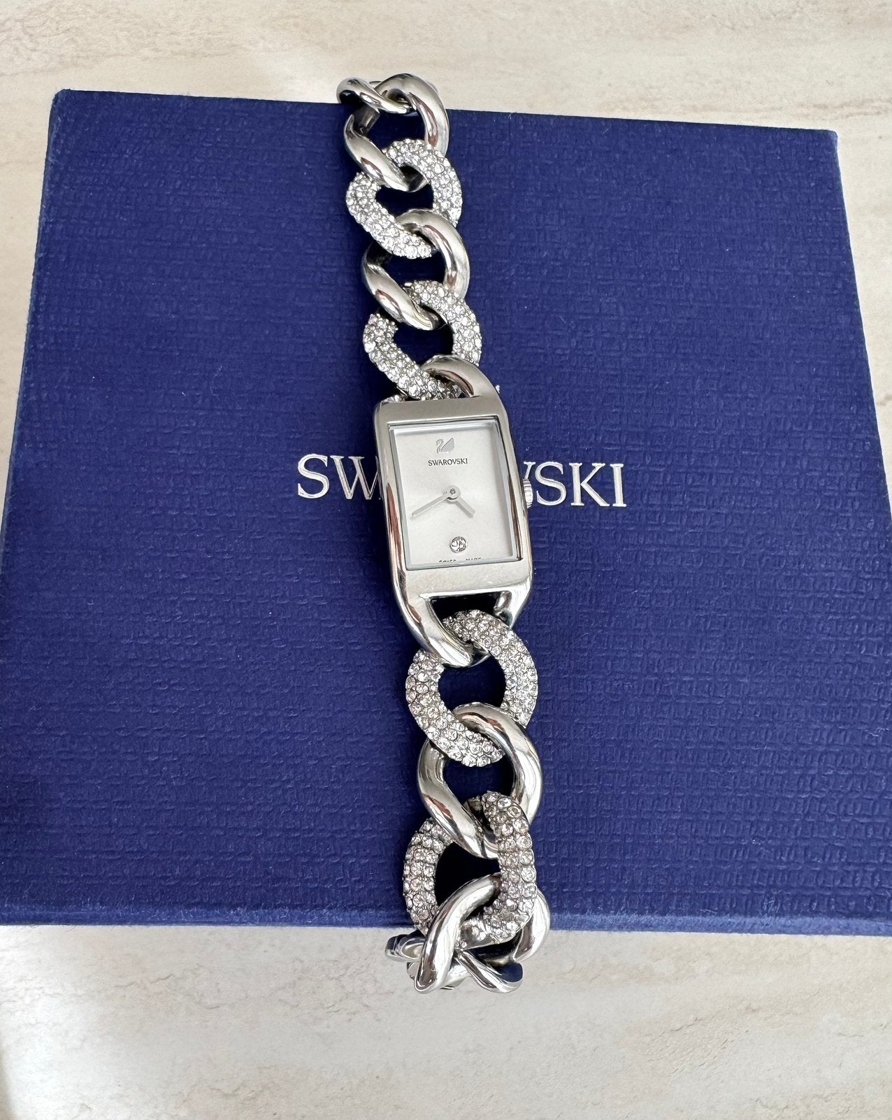 Swarovski Chain Horloge, Ophalen, Zo goed als nieuw, Zilver, Met strass