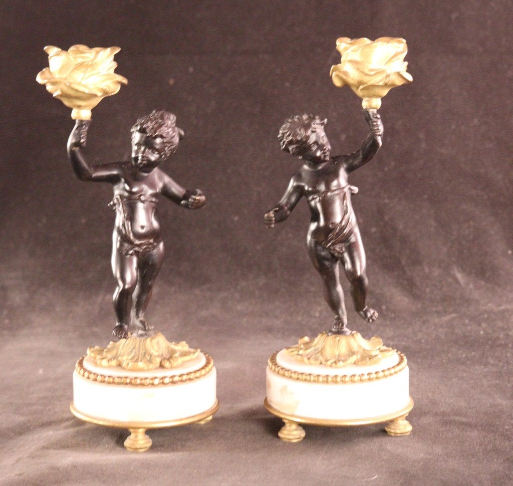 Paar 19e eeuwse kandelaars met putti, Ophalen of Verzenden, Koper of Brons