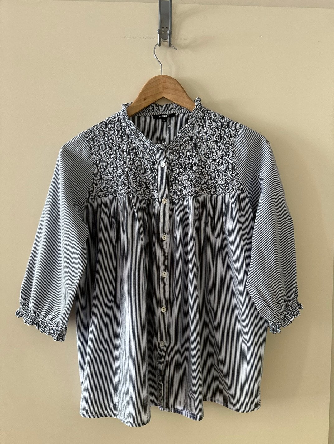 Purdey gestreepte blouse met smockwerk maat 36, Ophalen of Verzenden, Zo goed als nieuw, Maat 36 (S), Blauw