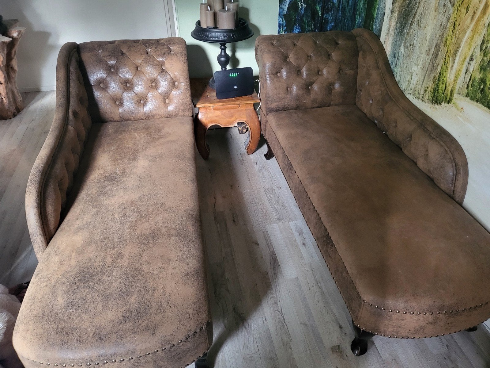 Chaiselongue banken, Huis en Inrichting, Ophalen, Zo goed als nieuw, Stof, Chesterfield look
