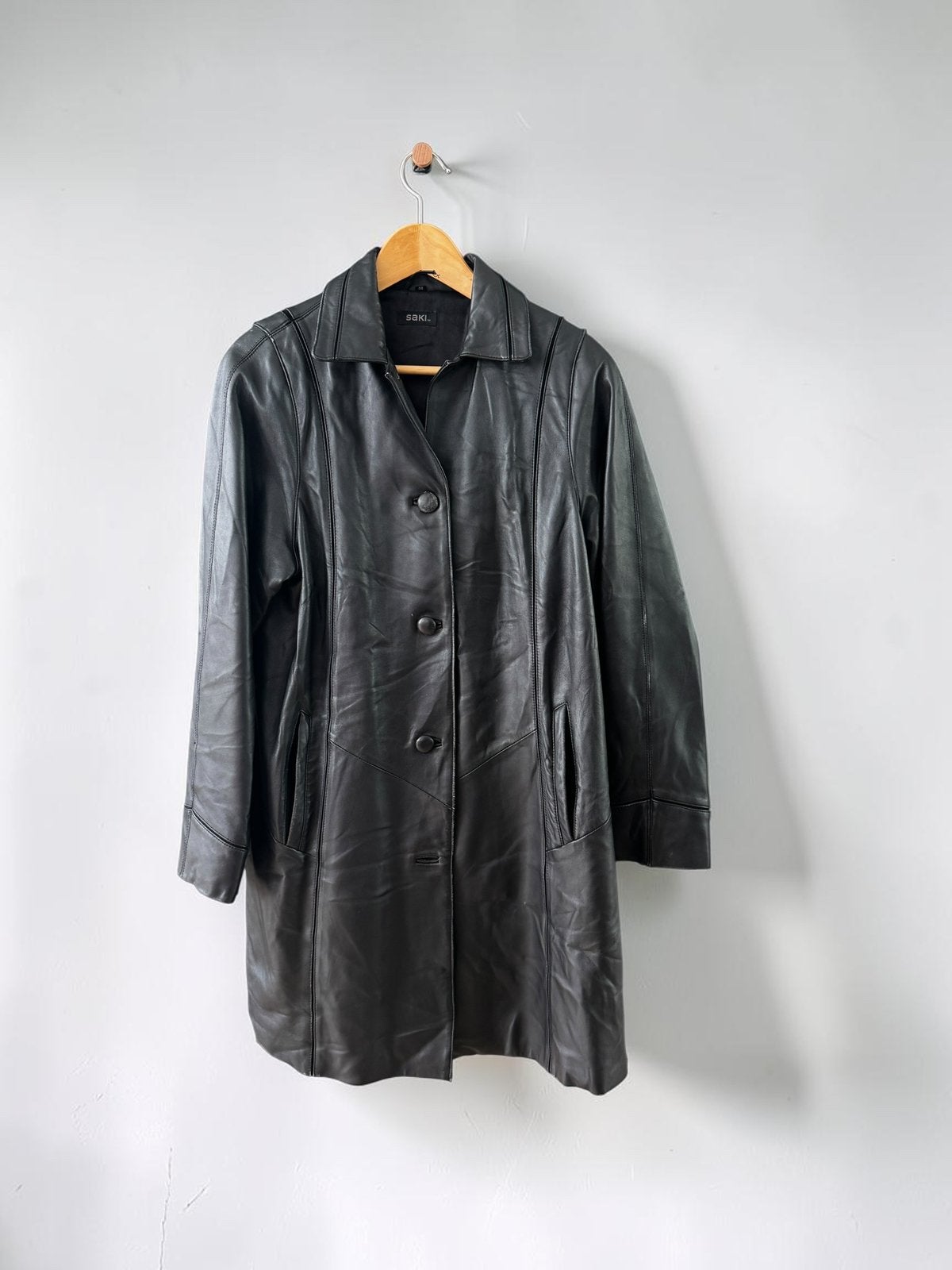 Saki Sweden leren leer jas mantel parka zwart S small 36, Kleding | Dames, Ophalen of Verzenden, Zo goed als nieuw, Maat 36 (S)
