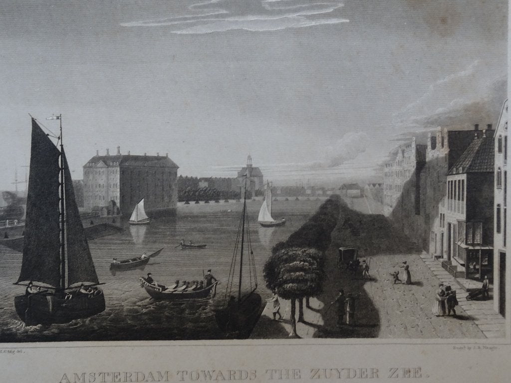 gravure Amsterdam met zicht op de Zuiderzee JB Neagle 1828, Ophalen of Verzenden, Origineel