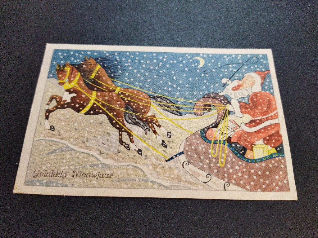 Vintage kaart Gelukkig Nieuwjaar kerstman slee met paarden, Ophalen of Verzenden, 1940 tot 1960, Gelopen, Feest(dag)