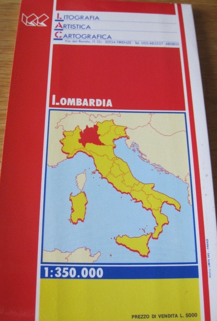 Kaart van Lombardije - Italië - 1 op 350.000 - Lac, Overige merken, Europa, Ophalen of Verzenden, Zo goed als nieuw
