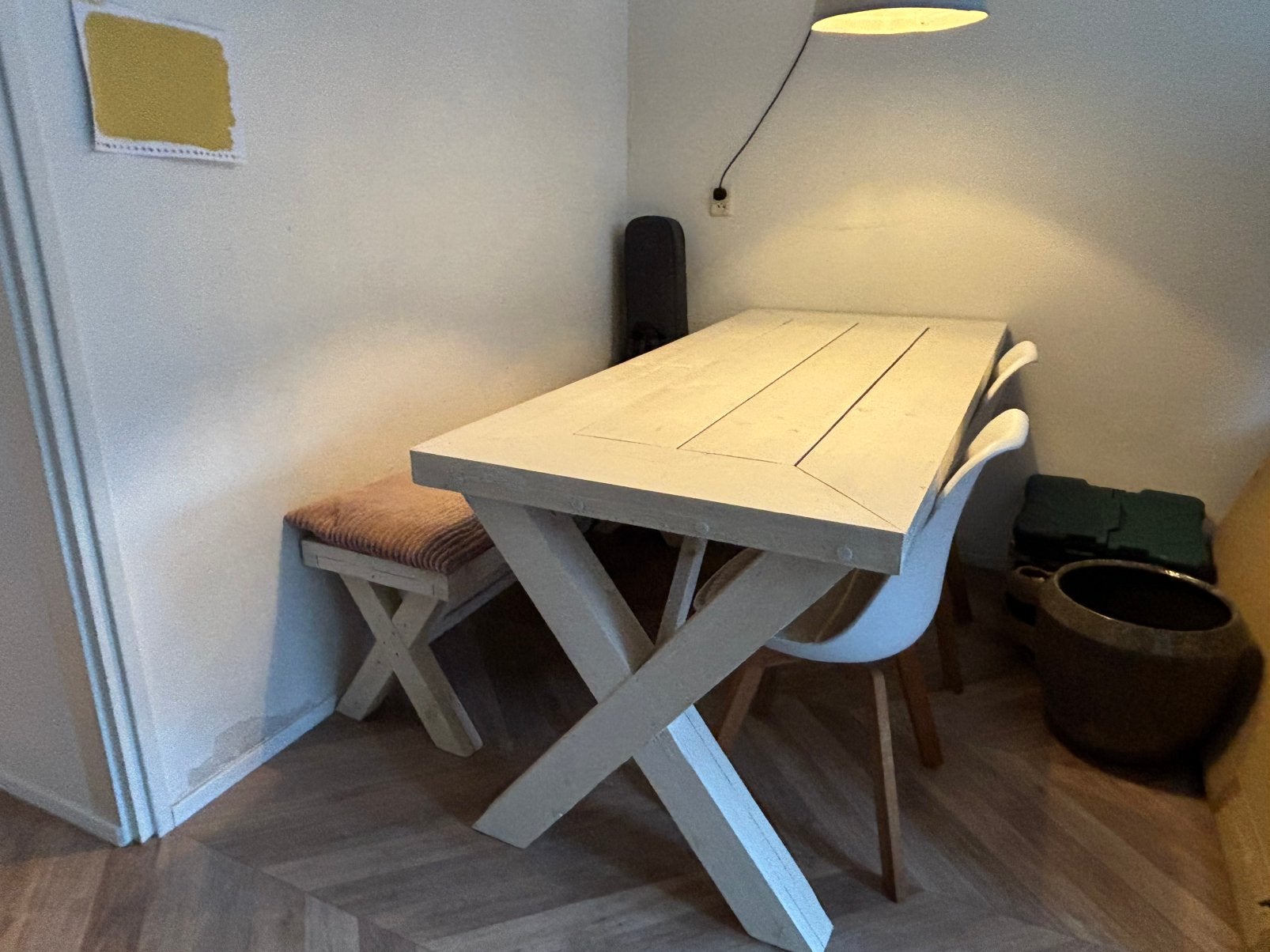 Landelijke eettafel 180 cm met bankje en 2 stoelen tafel, Ophalen, 50 tot 100 cm, Zo goed als nieuw, 150 tot 200 cm