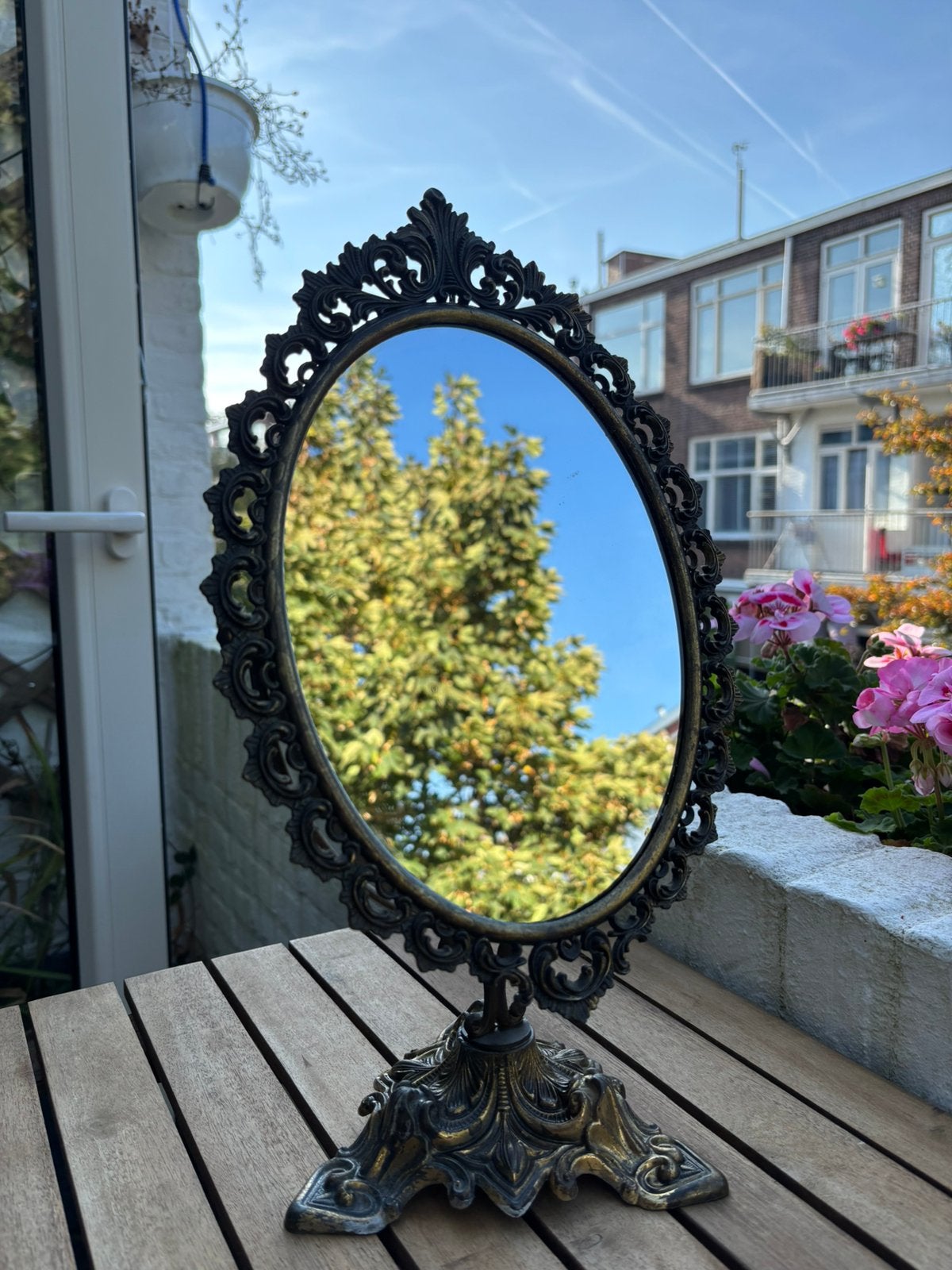 Vintage tafelspiegel, Antiek en Kunst, Ophalen of Verzenden, Ovaal, Minder dan 50 cm
