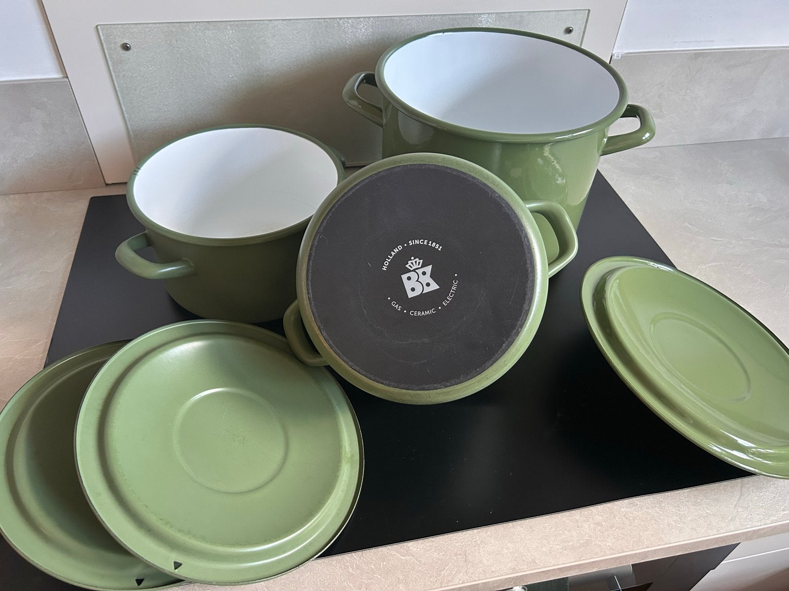 BK Emaille Pannenset - Groen (3-delig), Gebruikt, Met deksel, BK, Pannenset