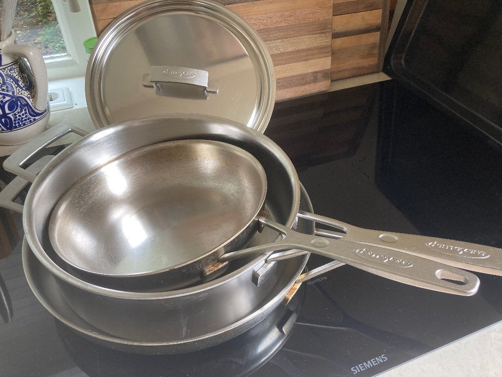 3 Demeyere Industry 5 RVS pannen, Huis en Inrichting, Keuken | Potten en Pannen, Ophalen, Demeyere, Gebruikt, PFAS-vrij