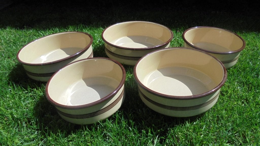 5 beige bruin emaille schalen, doorsnee 17-20-22cm, Antiek en Kunst, Antiek | Emaille, Ophalen of Verzenden